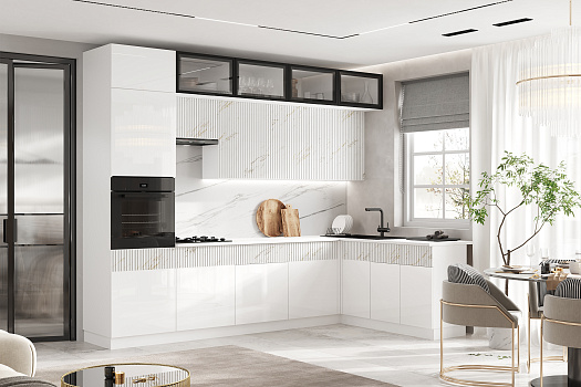 Кухня угловая Оливия 3.0 х 1.8 м белый глянец холодный / мрамор золото