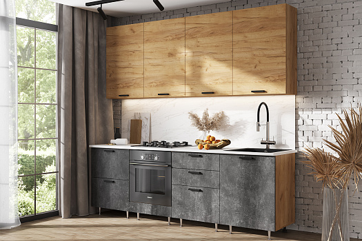 Кухня Рио New 2.4 м компоновка №2 дуб крафт / бетон темный