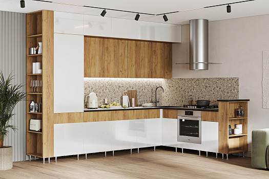 Кухня угловая Техно-5 3.2 на 2.24 м белый глянец / дуб крафт