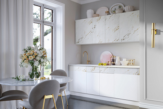 Кухня Оливия 2.0 м белый глянец холодный / мрамор золото