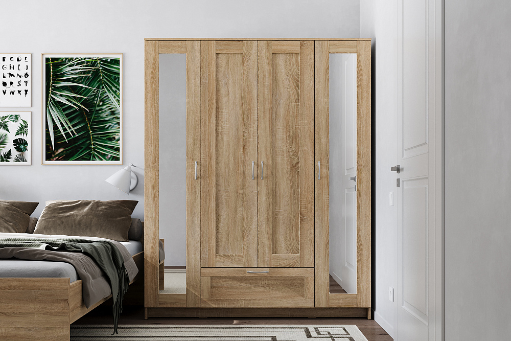 Шкаф четырехстворчатый Сириус дуб сонома с одним ящиком и двумя зеркалами