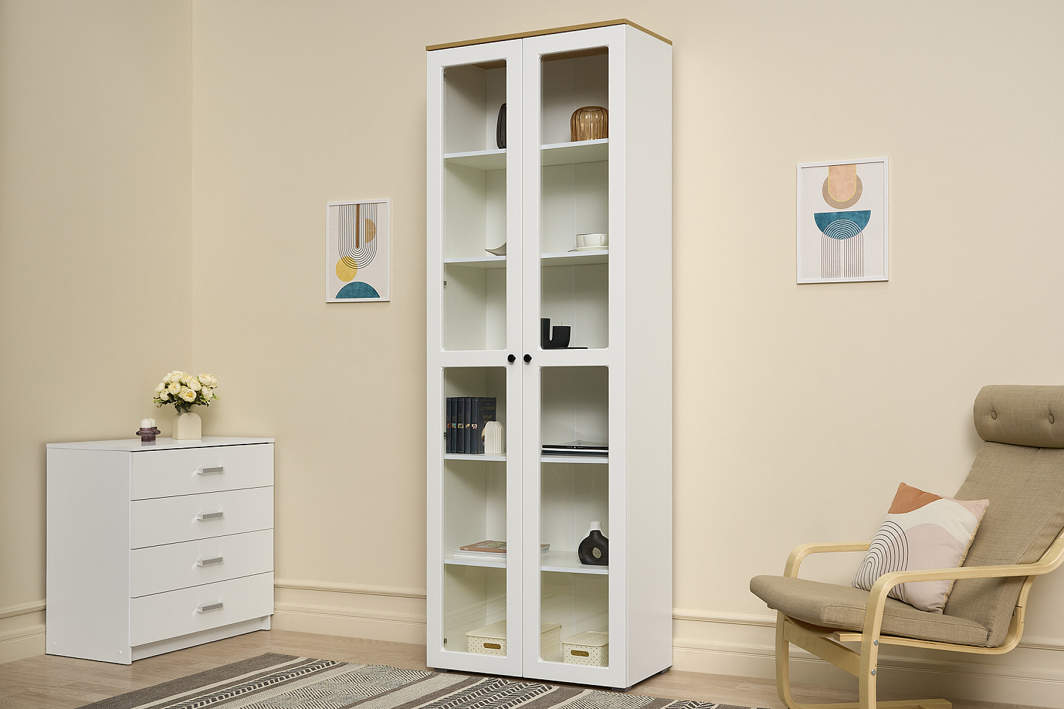 Шкаф-витрина Остин 16.394.02 белый шагрень / дуб крафт золотой