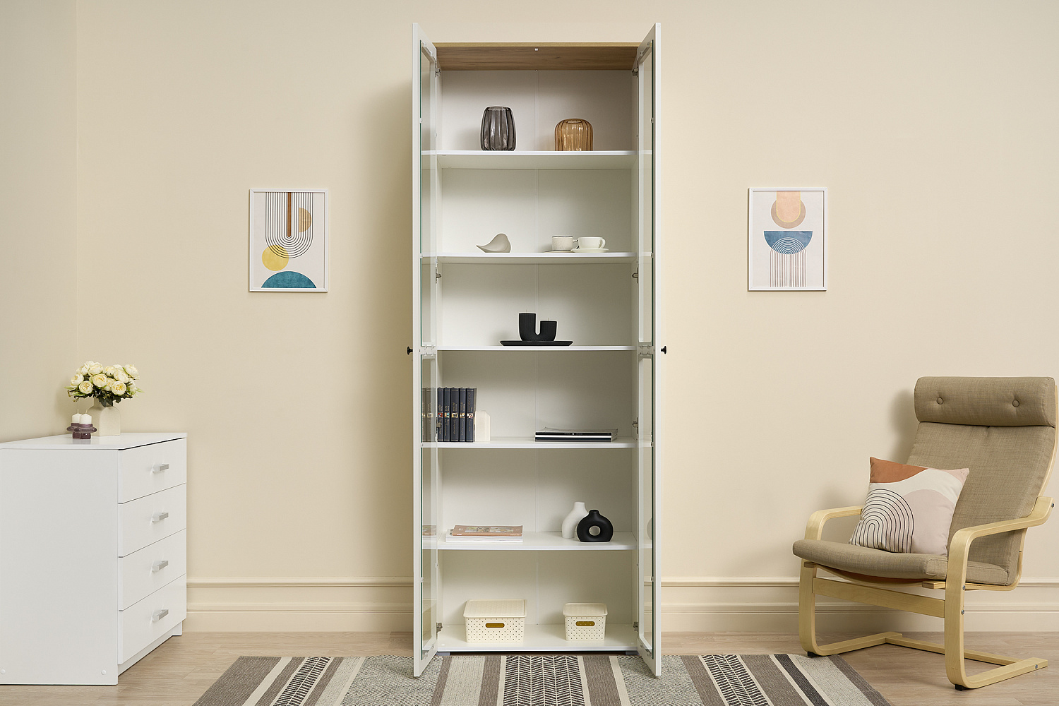 Шкаф-витрина Остин 16.394.02 белый шагрень / дуб крафт золотой