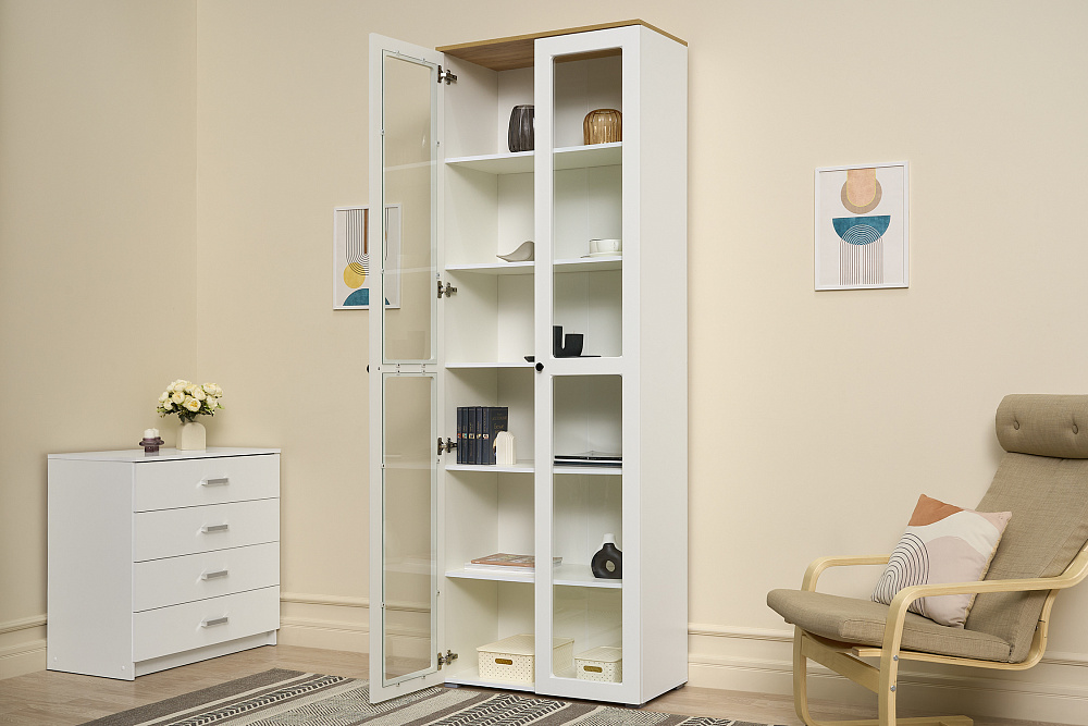 Шкаф-витрина Остин 16.394.02 белый шагрень / дуб крафт золотой