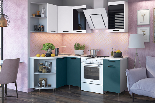 Кухня Техно 1.3 на 1.4 м компоновка №3 белый снег софт / атлантик софт