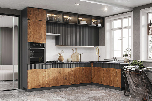 Кухня угловая Оливия 3.0 х 1.8 м экзотическое дерево амазония / графит софт