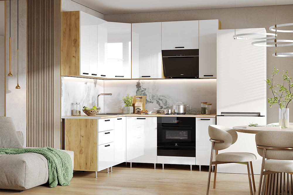 Кухня угловая Рио NEW №2 1.6 х 2.0 м белый глянец