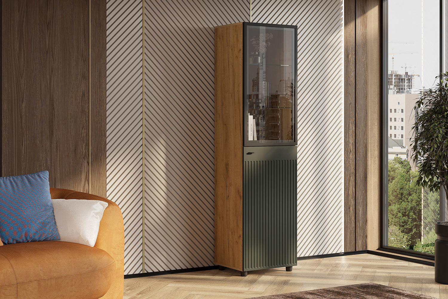 Витрина Ливенто дуб золотой / олива софт