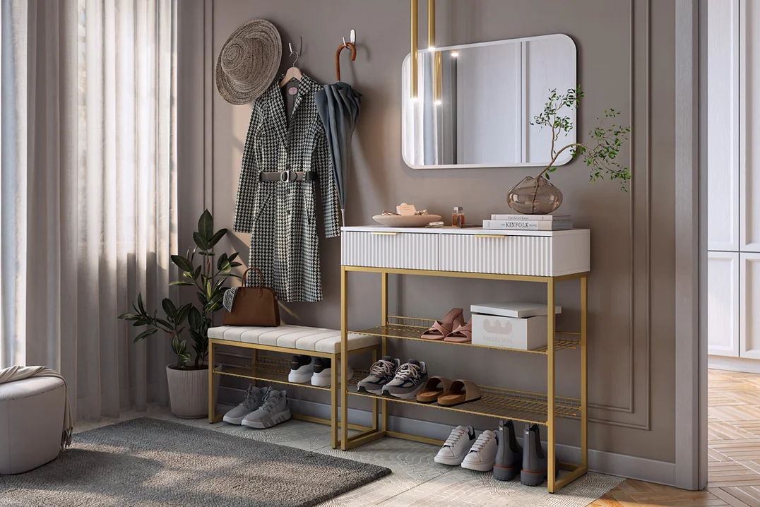 Фото 3 Обувница Классная 2 золото / велюр крем Размеры Ш 77 х Г 34.5 х В 45.6