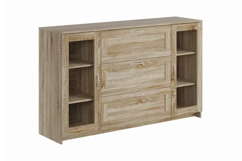 Фото 1 Комод с дверцами Сириус со стеклом и 3 ящиками сонома Размеры Ш 156 х Г 41.2 х В 94.6