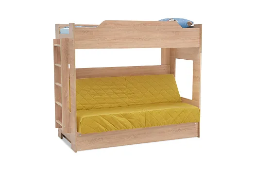 Двухъярусная кровать с диван-кроватью велюр желтый / дуб сонома