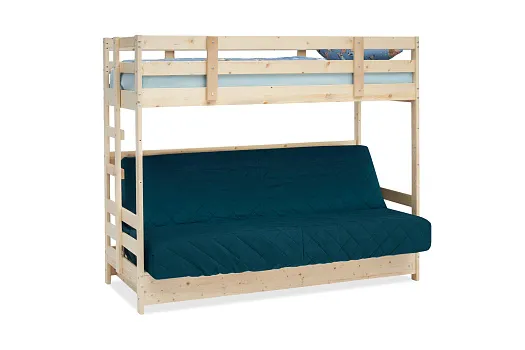 Двухъярусная кровать массив с диван-кроватью синий / натуральный