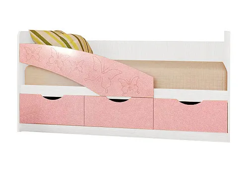 Детская кровать Бабочки розовый металлик / белый
