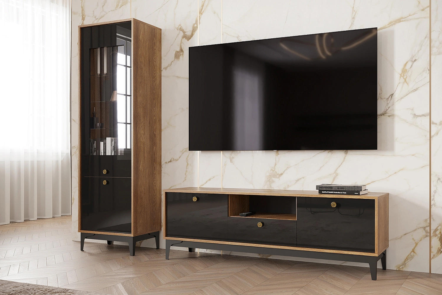 Модульная гостиная Brass каштан арвадона / черный глянец арт. 08-207549 купить в Самаре по цене 15 800 руб. | НОНТОН